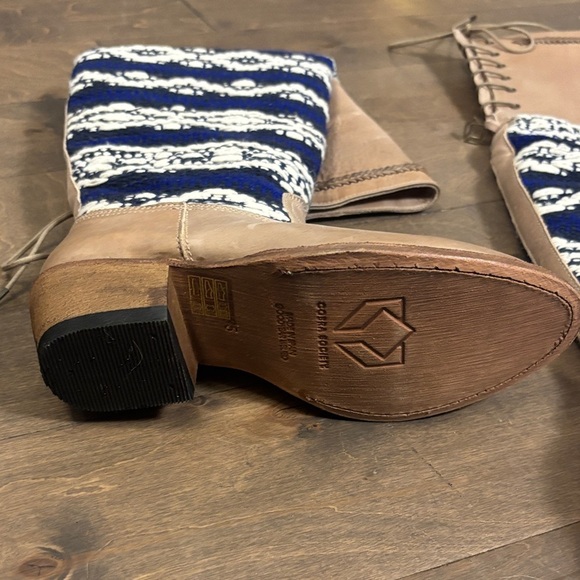 Tan and Blue Patterned Women's Boots - Picture 3 of 6